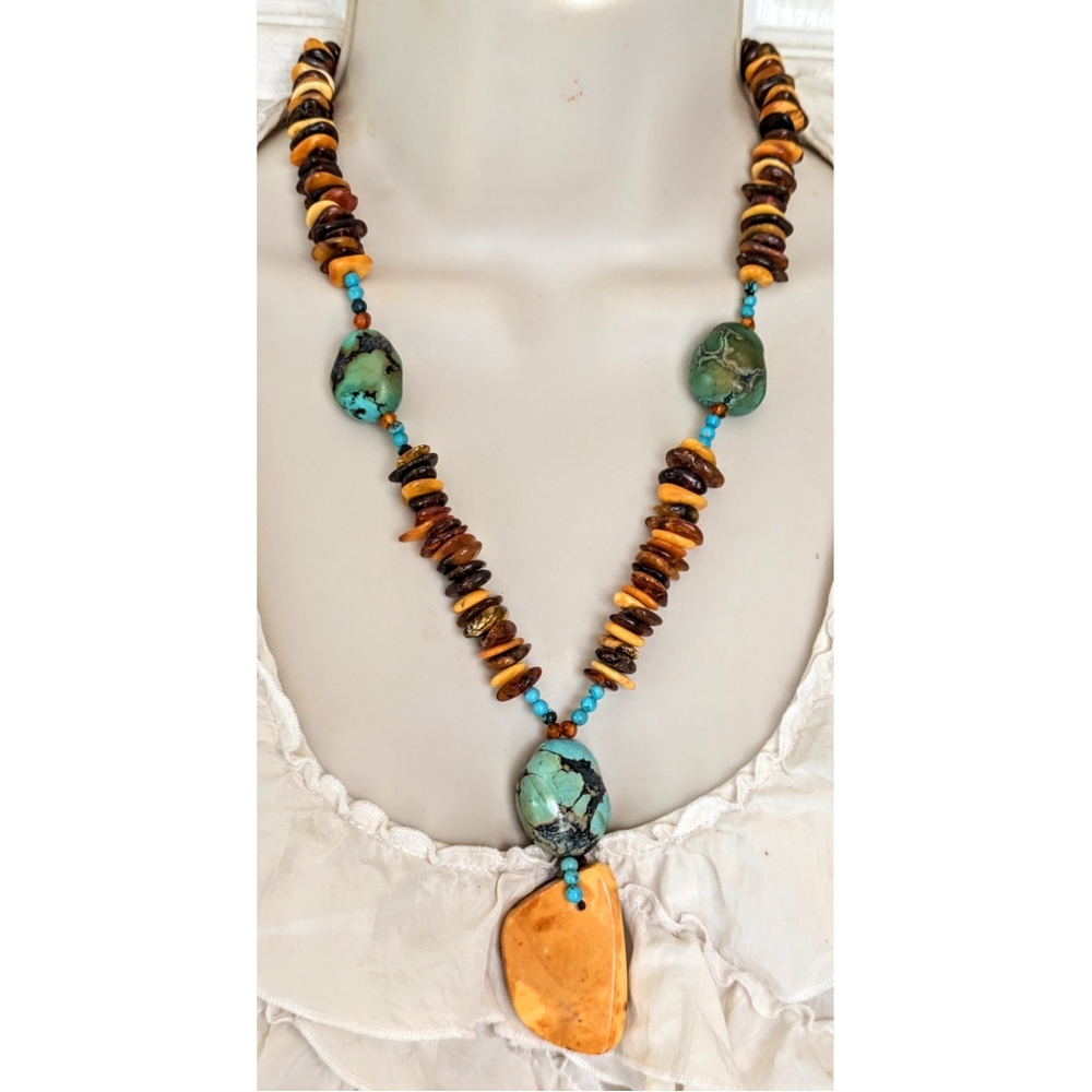 Sterling Egg Yolk Baltic Amber Blue Turquoise Chunks Beaded Pendant Necklace 22" - Picture 2 of 12